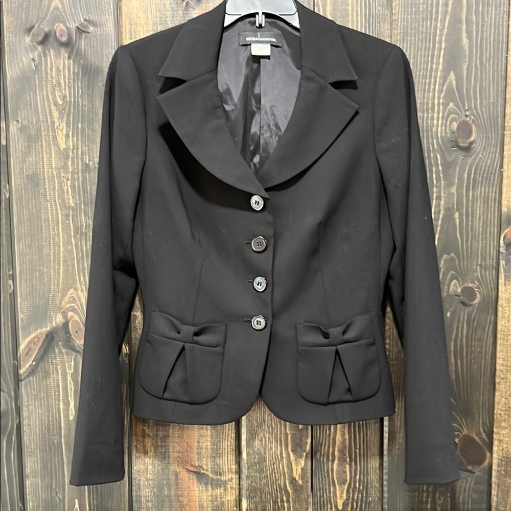 Moda International Black Y2K Cropped‎ Blazer Jacket Size 6 Bow Pockets Preppy